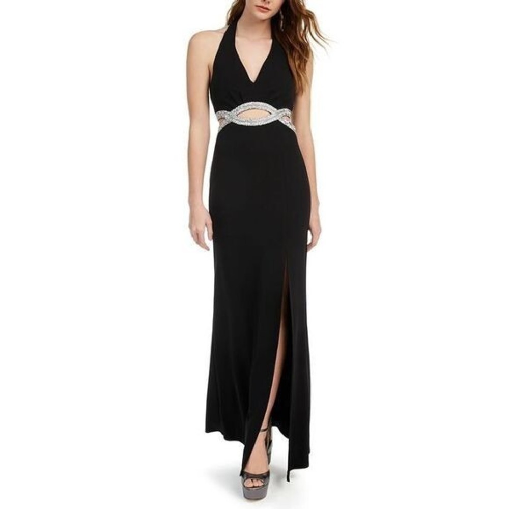 Formal Halter-Neck Cutout Bejeweled Black Prom Sexy High Split Dress Y2K Women 3